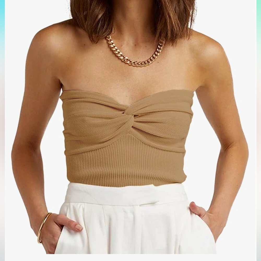 NWOT Womens Strapless Knit Twisted Knot SweaterTube Top in Khaki Sz XS